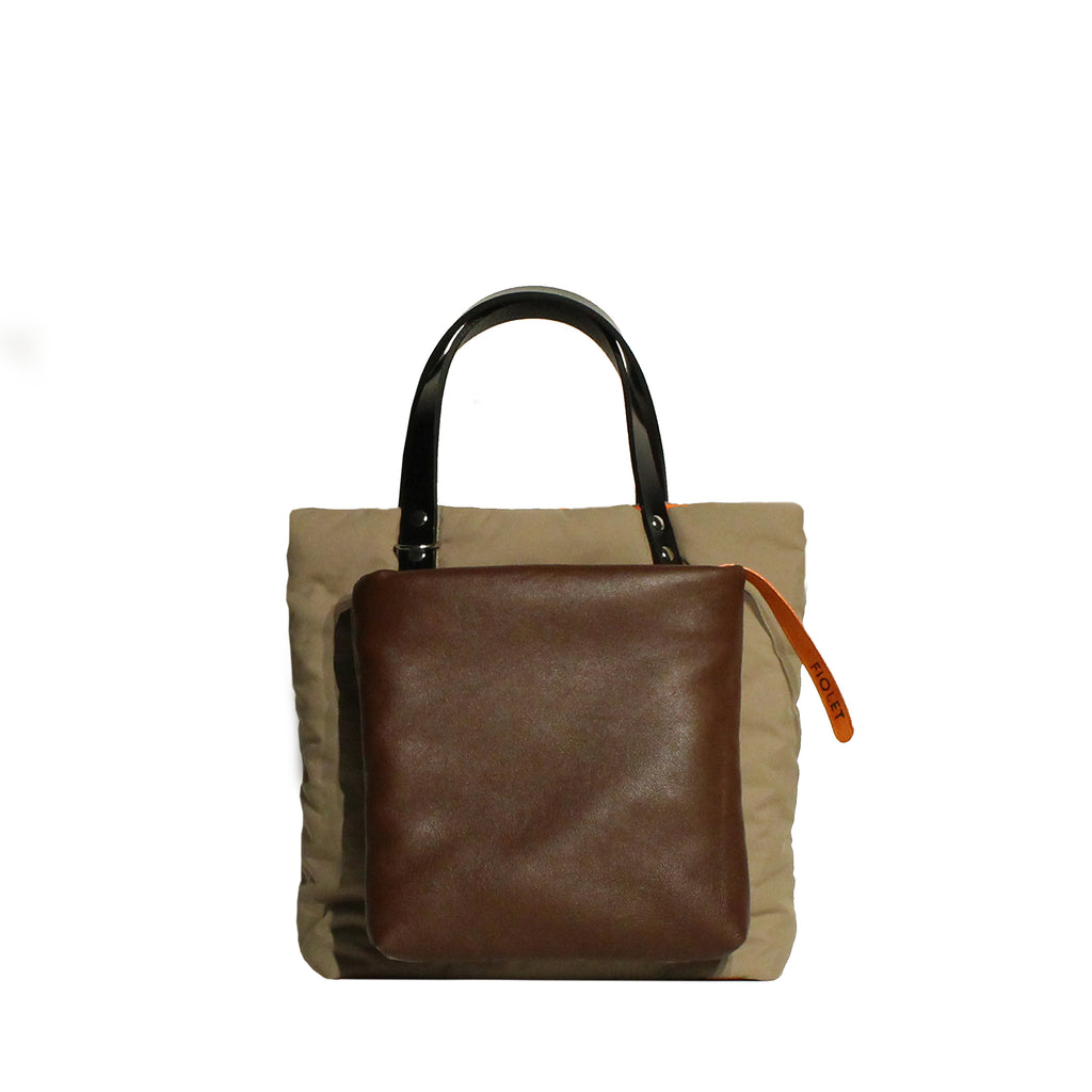 Stromboli Tote bag design en toile recyclée beige sable avec poche en cuir marron