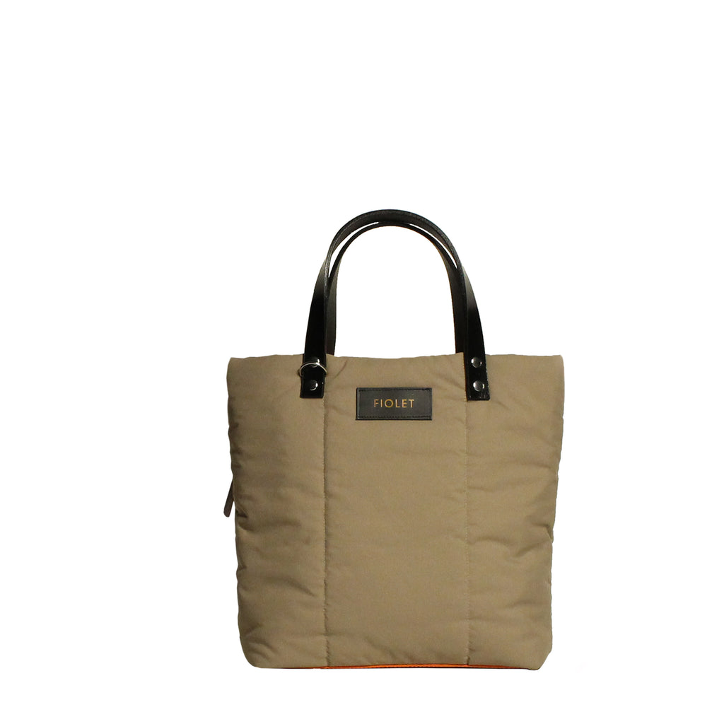 Stromboli Tote bag design en toile recyclée beige sable avec poche en cuir marron