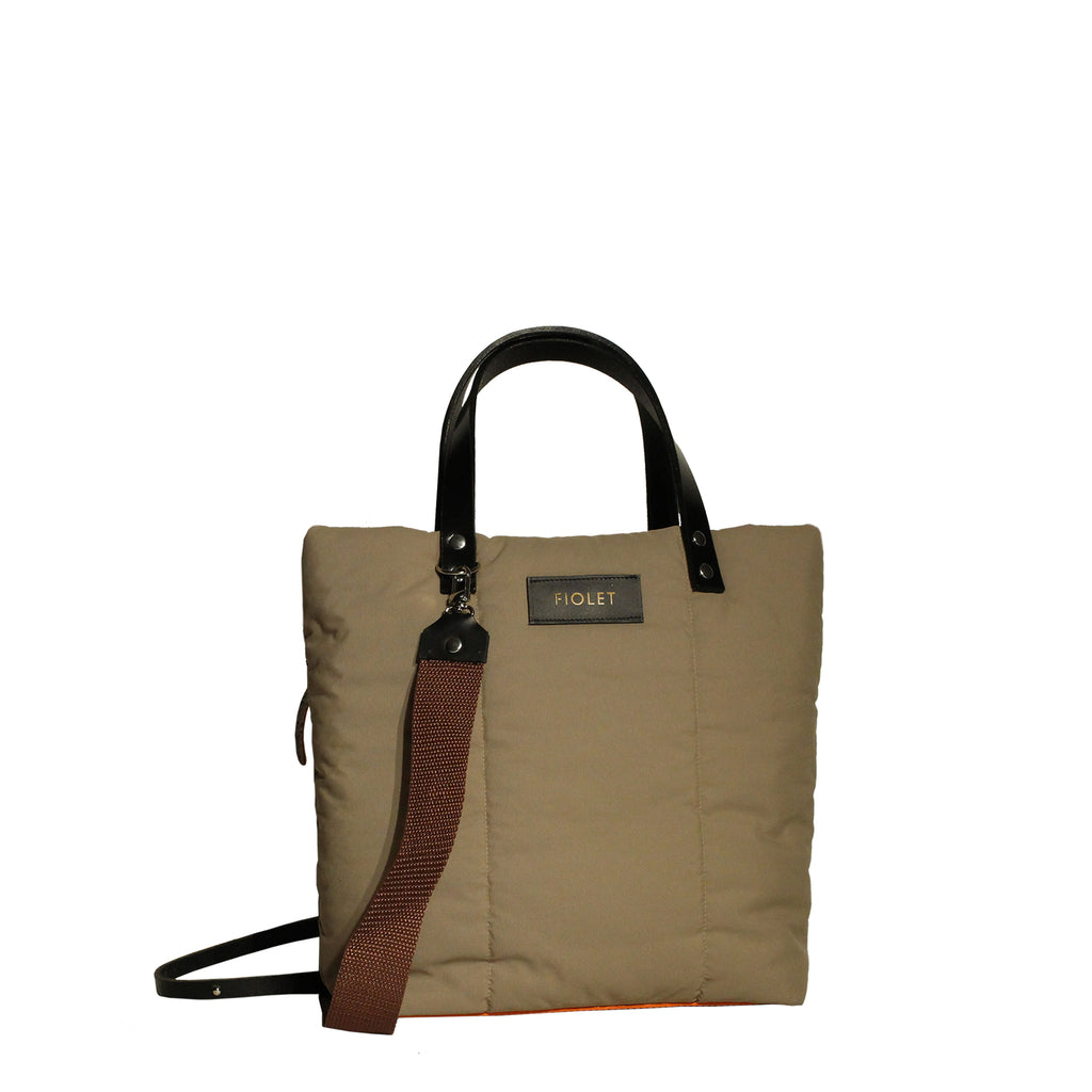 Stromboli Tote bag design en toile recyclée beige sable avec poche en cuir marron