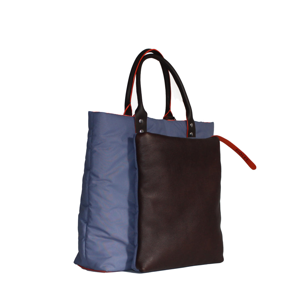 Nadette  Tote bag design en toile recyclée parme avec poche en cuir marron grainé