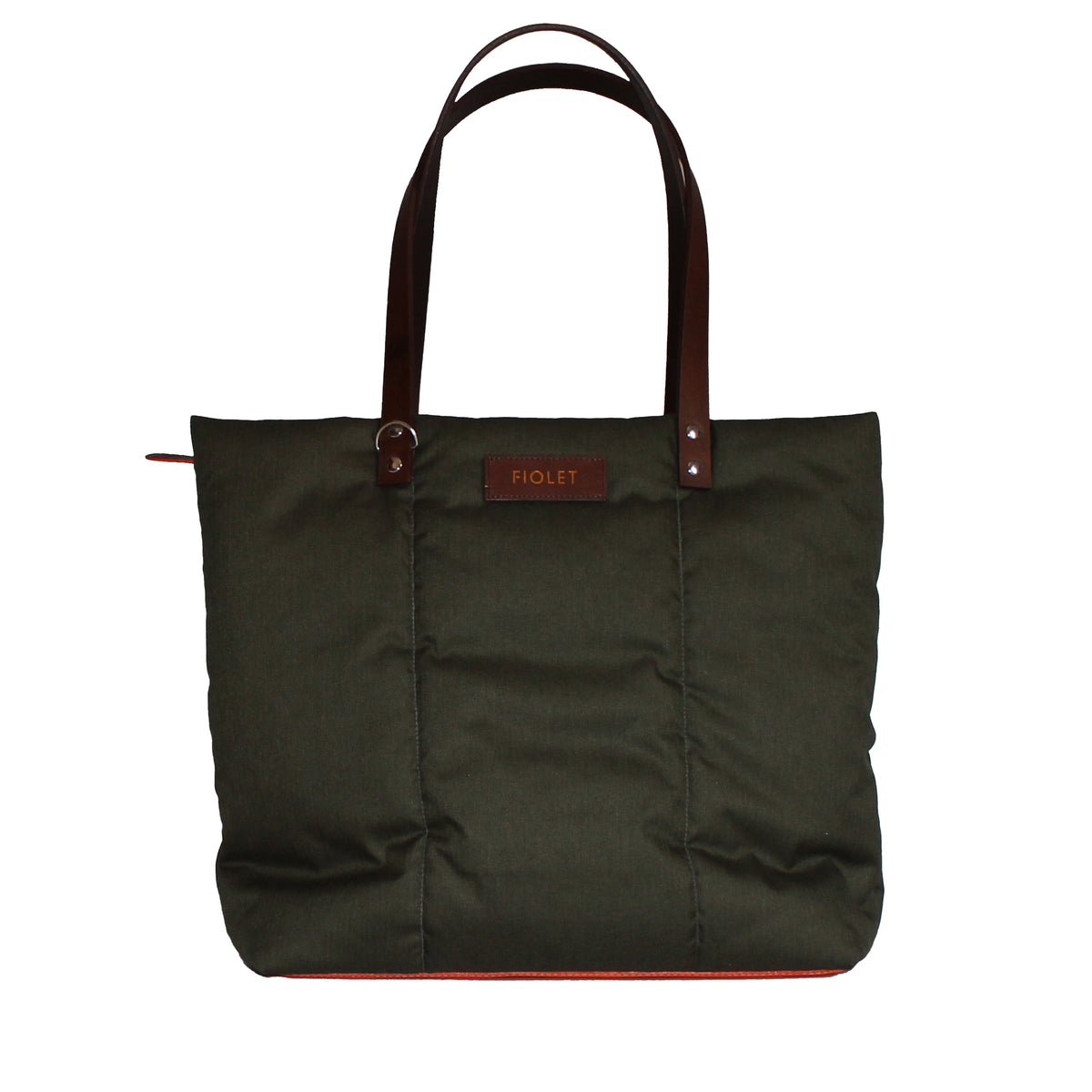 Noemi  Tote bag design en toile recyclée vert  avec poche en cuir vernis moutarde