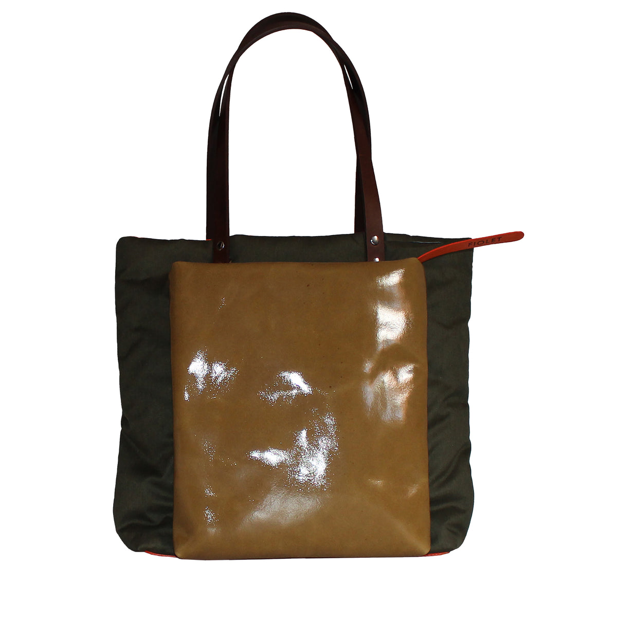 Noemi  Tote bag design en toile recyclée vert  avec poche en cuir vernis moutarde