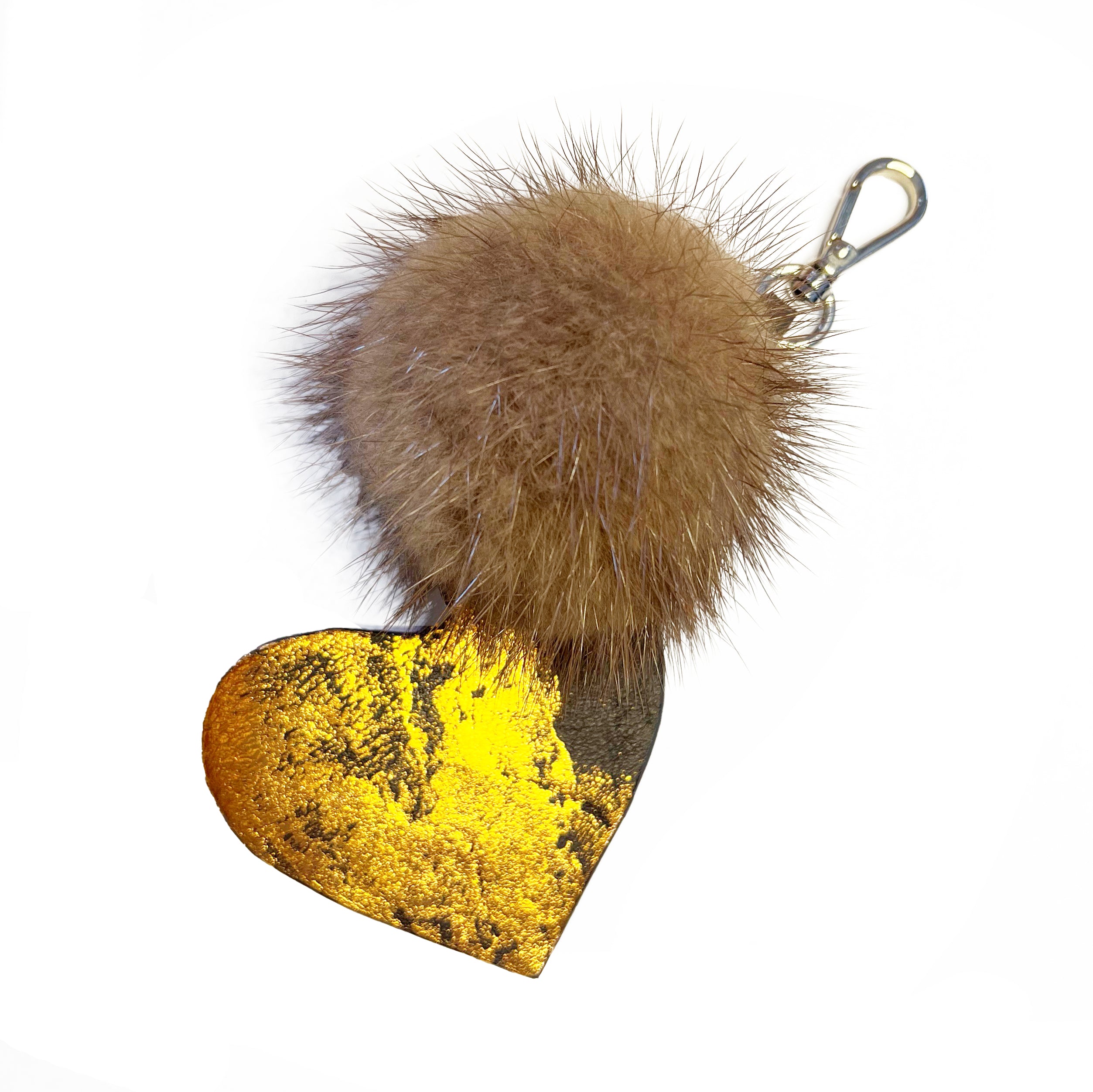 Porte clefs LUMINEUX coeur avec un  pompon en  fourrure recyclée